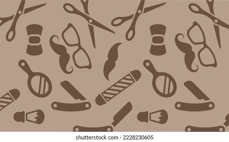 barber shop seamless pattern background set tool for BarberShop with comb, razor, shaving brush, scissors and bottle spray. Vector hand drawn vintage engraving for poster, label, banner, web