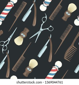 Barber Shop seamless pattern with colored Hand drawn razor, scissors, shaving brush,  comb, classic barber shop Pole on black. Sketch. Lettering. For wallpaper, web page background