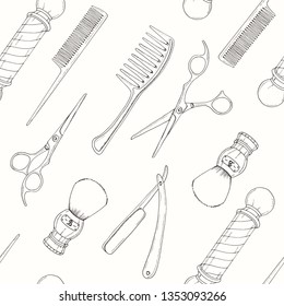 Barber Shop seamless pattern with doodle Hand drawn razor, scissors, shaving brush,  comb, classic barber shop Pole. Sketch. Lettering. For wallpaper, web page background