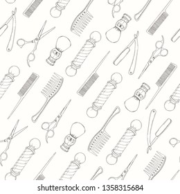Barber Shop seamless pattern with doodle Hand drawn razor, scissors, shaving brush,  comb, classic barber shop Pole. Sketch. Lettering. For wallpaper, web page background
