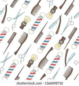 Barber Shop seamless pattern with  Hand drawn razor, scissors, shaving brush,  comb, classic barber shop Pole. Sketch. For wallpaper, web page background