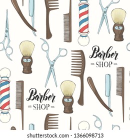 Barber Shop seamless pattern with  Hand drawn razor, scissors, shaving brush,  comb, classic barber shop Pole. Sketch. Hand made Lettering. For wallpaper, web page background