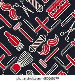 Barber shop seamless pattern with thin line icons of shaving accessories. Vector illustration for background in red and blue colors.