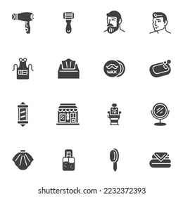 Barber shop service vector icons set, modern solid symbol collection, filled style pictogram pack. Signs, logo illustration. Set includes icons as mustache wax, hipster beard, towel, shave razor blade