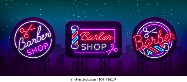 Barber shop set collection logo neon sign, logo. Can be used as a header or template for logos, labels cards. Neon Sign Board, Bright Lighting Advertising Hairdressing. Vector illustration. Billboard