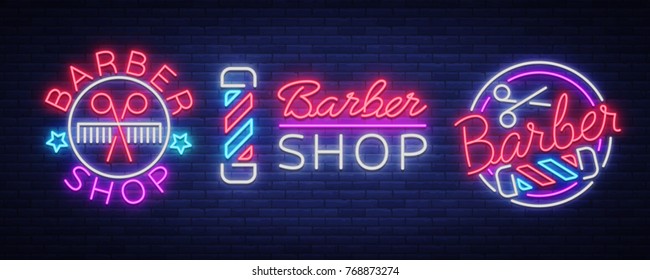 Barber shop set collection logo neon sign, logo. Can be used as a header or template for logos, labels, cards. Neon Sign Board, Bright Lighting Advertising Hairdressing. Vector illustration.