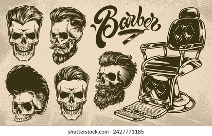Barber shop set stickers monochrome with brutal skulls and hairdresser chair for barbershop advertising design vector illustration