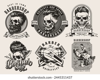 Barber shop set stickers monochrome with skulls and cutting and shaving tools to promote hairdressing industry vector illustration