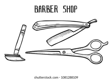 Barber shop set vector. Hand drawn vector illustration isolated on white in old vintage engraving style.