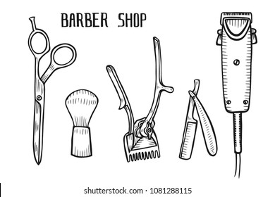 Barber shop set vector. Hand drawn vector illustration isolated on white in old vintage engraving style.