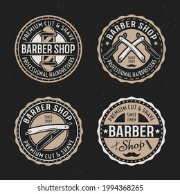 Barber shop set of vector round badges, emblems, labels or logos in vintage colored style isolated on dark background