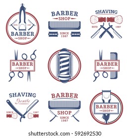 Barber shop set of vector vintage emblems, labels, badges and logos in monochrome style on white background