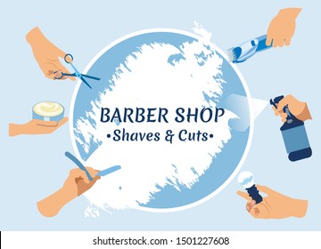 Barber Shop Shaves and Cuts Creative Banner with Human Hands Holding Haircutting Tools as Straight Razor Blade, Scissors, Sprayer, Machine and Wax Jar Cartoon Flat Vector Illustration, Icon, Label