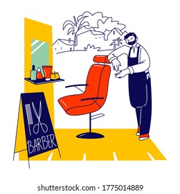 Barber Shop Shaves and Cuts Service. Bearded Master Character with Haircut Tools Waiting Client in Street Barbershop Stand near Chair. Men Haircutting Salon, Beauty Club. Linear Vector Illustration