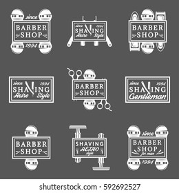 Barber shop and shaving set of vector vintage emblems, labels, badges and logos in monochrome style on black background