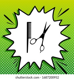 Barber shop sign. Black Icon on white popart Splash at green background with white spots. Illustration.