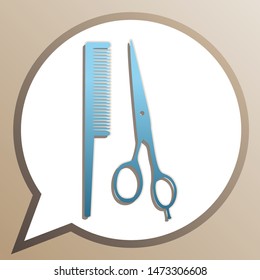 Barber shop sign. Bright cerulean icon in white speech balloon at pale taupe background. Illustration.