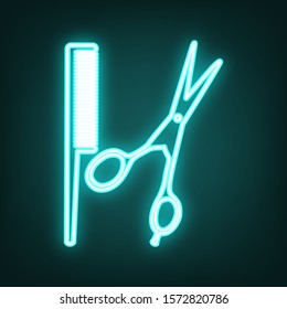 Barber shop sign. Cyan neon icon in the dark. Bluring. Luminescence. Illustration.