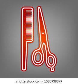 Barber shop sign. Flat red icon with linear white icon with gray shadow at grayish background. Illustration.