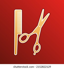 Barber shop sign. Golden gradient Icon with contours on redish Background. Illustration.