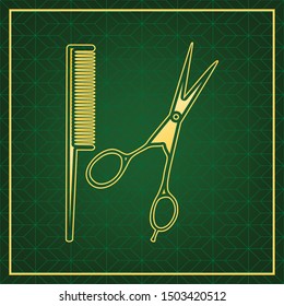 Barber shop sign. Golden icon with gold contour at dark green gridded white background. Illustration.