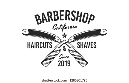 Barber shop sign, label. Barber shop logo with barbershop razor. Vintage poster. Retro print for typography. Vector template.