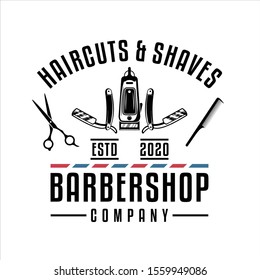 Barber shop sign, label. Barber shop logo with barbershop razor. Vintage poster. Retro print for typography. Vector template.
