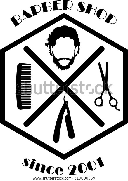 Barber shop sign on 6-angle geometric figure\
divided in four parts. Contains comb, razor, scissors, bearded man\
and since data. Vector