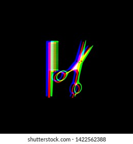 Barber shop sign. Red, green and blue unfocused contour icon at black background. Illustration.
