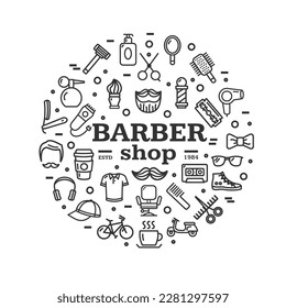 Barber Shop Sign Round Design Template Thin Line Icon Banner for Promotion, Marketing and Advertising. Vector illustration