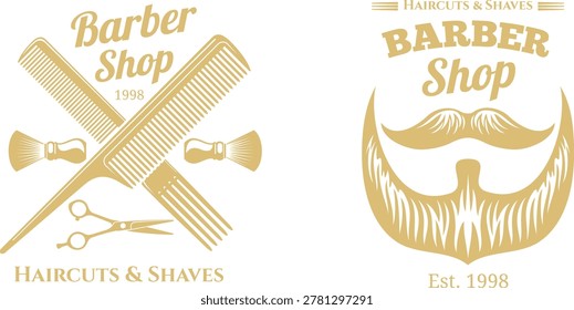 Barber shop sign with scissors and comb logo vector design template