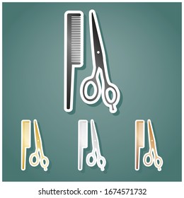Barber shop sign. Set of metallic Icons with gray, gold, silver and bronze gradient with white contour and shadow at viridan background. Illustration.