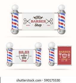 Barber Shop Sign Set with Vintage Glass Striped Pole Traditional Symbol Shaving and Grooming. Vector illustration