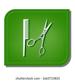 Cartel de la barbería. Icono de línea de gradiente plateado con sombra verde oscuro en hoja verde con parches ecológicos. Ilustración.