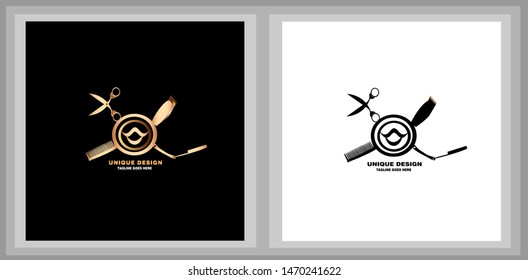 Barber shop sign and symbol design with gold line. Unique design vector for logo concept. Scissor, comb, and razor icon vector illustration. Modern design. Idea concept for business branding,