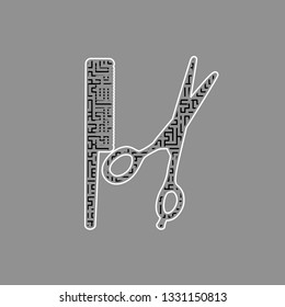 Barber shop sign. Vector. Black maze filled icon with white border at gray background.