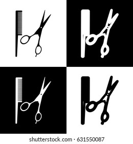 Barber shop sign. Vector. Black and white icons and line icon on chess board.