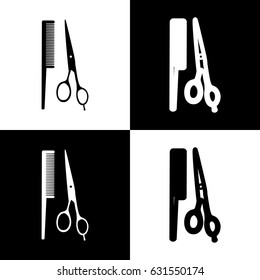 Barber shop sign. Vector. Black and white icons and line icon on chess board.