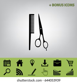 Barber shop sign. Vector. Black icon at gray background with bonus icons 
