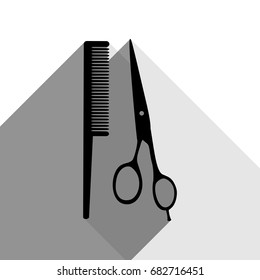 Barber shop sign. Vector. Black icon with two flat gray shadows on white background.