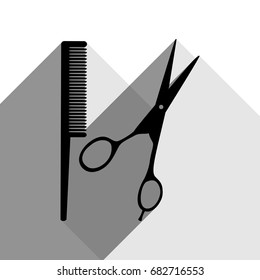 Barber shop sign. Vector. Black icon with two flat gray shadows on white background.