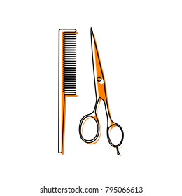 Barber shop sign. Vector. Black line icon with shifted flat orange filled icon on white background. Isolated.