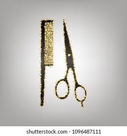 Barber shop sign. Vector. Blackish icon with golden stars at grayish background.