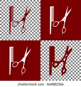 Barber shop sign. Vector. Bordo and white icons and line icons on chess board with transparent background.