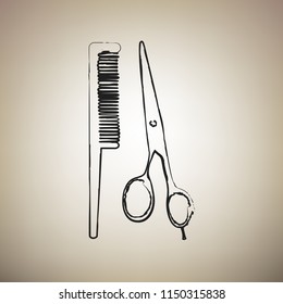 Barber shop sign. Vector. Brush drawed black icon at light brown background.