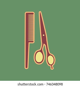Barber shop sign. Vector. Cordovan icon and mellow apricot halo with light khaki filled space at russian green background.