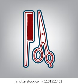 Barber shop sign. Vector. Dark red, transparent and midnight green stroke of white icon at grayish background.