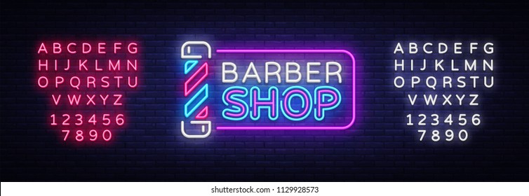 Barber Shop sign vector design template. Barber Shop neon logo, light banner design element colorful modern design trend, night bright advertising, bright sign. Vector. Editing text neon sign