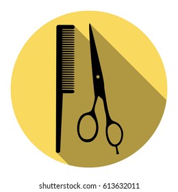 Barber shop sign. Vector. Flat black icon with flat shadow on royal yellow circle with white background. Isolated.