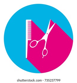 Barber shop sign. Vector. Flat white icon with mexican pink shadow inside sky blue(S and G) circle at white background. Isolated. Trend colors in 2017.